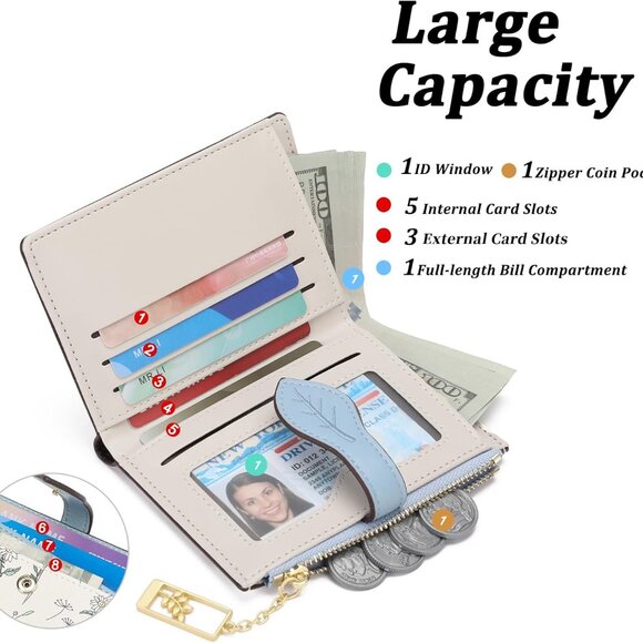 Small RFID Wallet for Women Vegan Leather Bifold with Zipper Pocket - Picture 2 of 6